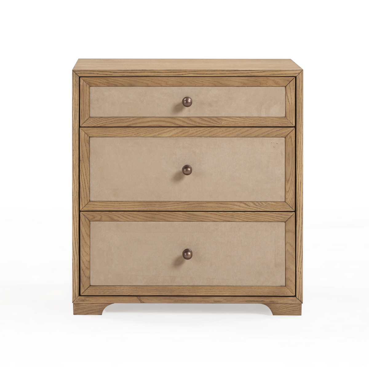Laurentis 23.5" Light Taupe Suede and Wood 3 Drawer Nightstand