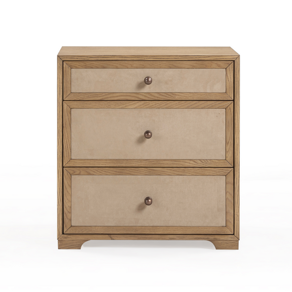 Laurentis 23.5" Light Taupe Suede and Wood 3 Drawer Nightstand