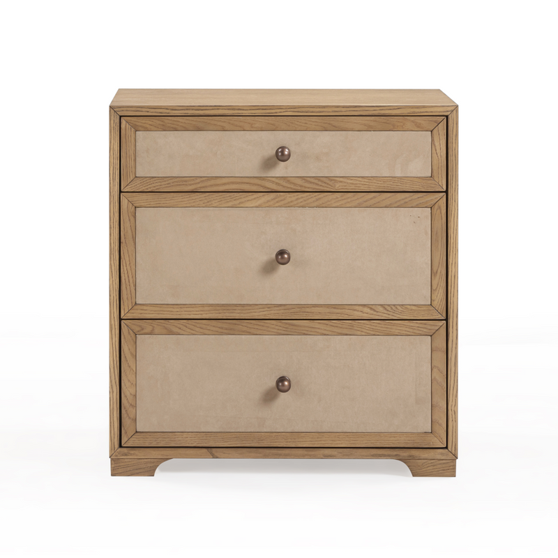 Laurentis 23.5" Light Taupe Suede and Wood 3 Drawer Nightstand