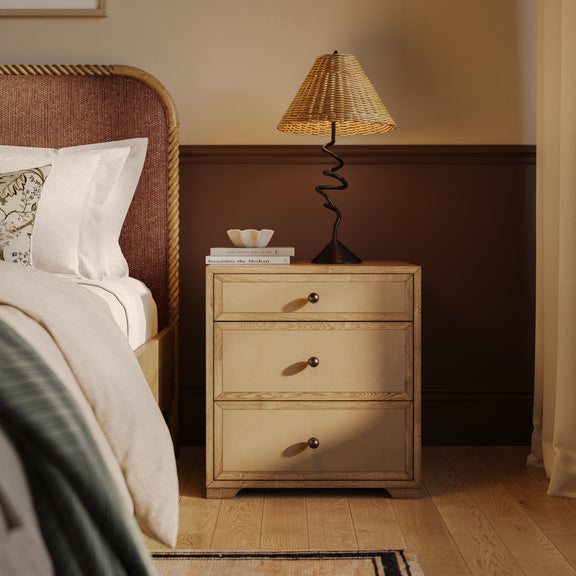 Laurentis 23.5" Light Taupe Suede and Wood 3 Drawer Nightstand - Image 2