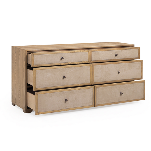 Laurentis 64" Light Taupe Suede and Wood 6 Drawer Dresser - Image 5