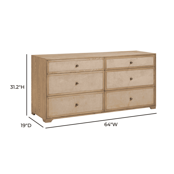 Laurentis 64" Light Taupe Suede and Wood 6 Drawer Dresser - Image 9