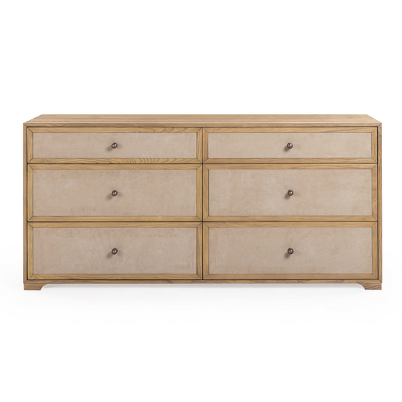 Laurentis 64" Light Taupe Suede and Wood 6 Drawer Dresser
