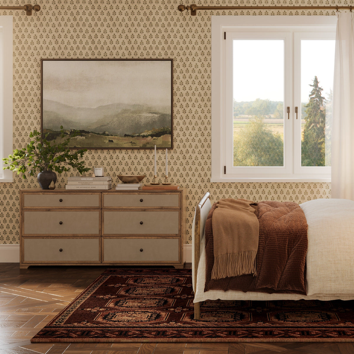 Laurentis 64" Light Taupe Suede and Wood 6 Drawer Dresser - Image 2
