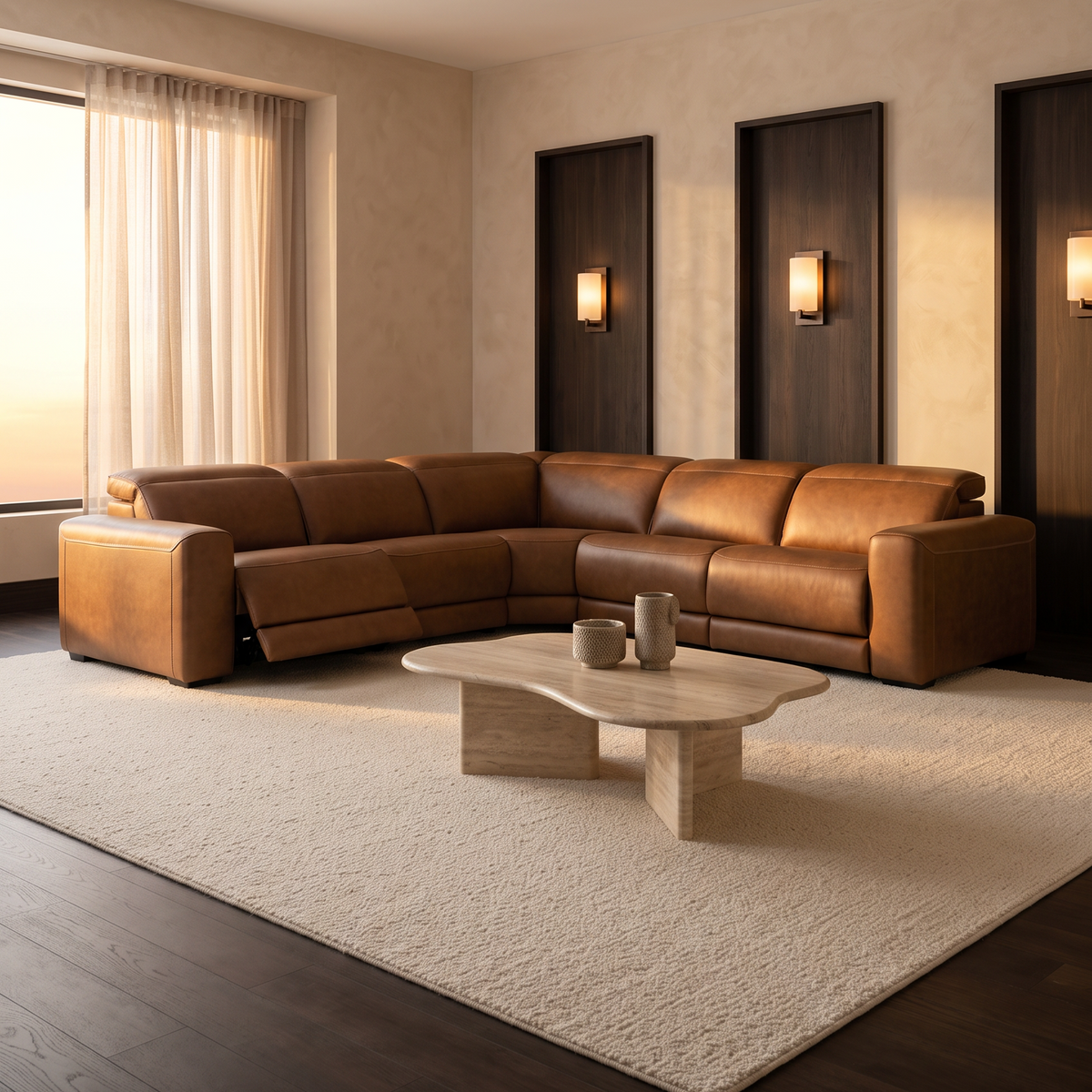 Caramel brown leather power reclining sectional with corner chaise and arm recliners