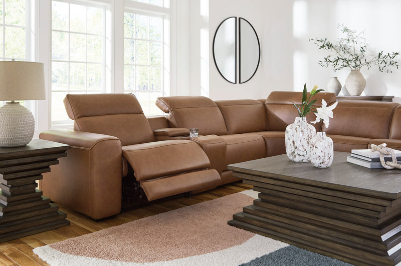Caramel leather power reclining sectional with wide seating and multiple recliner headrests