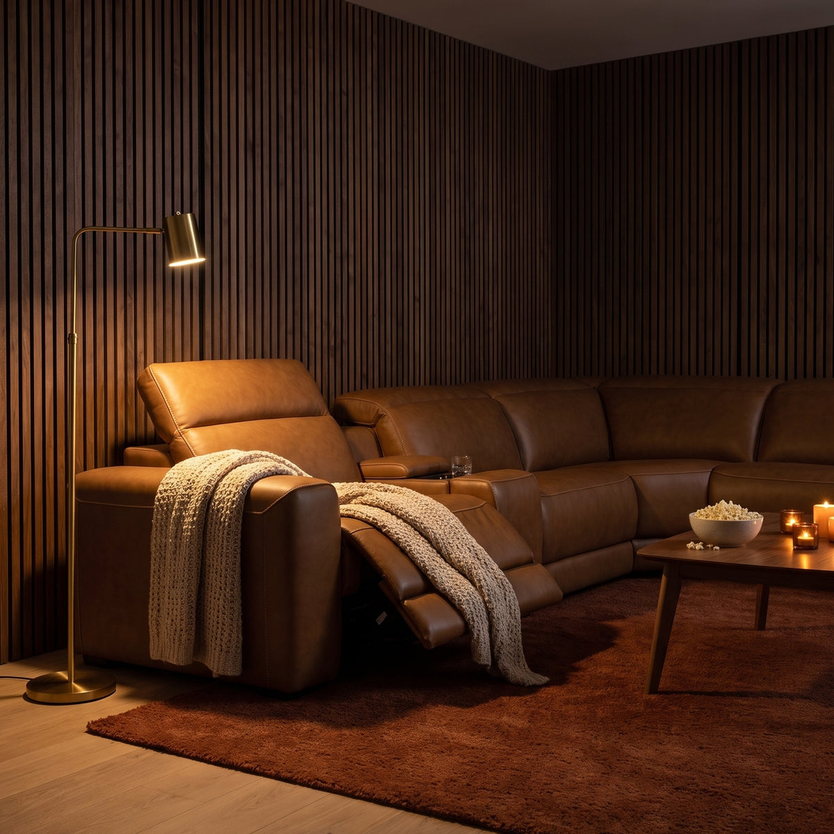 Caramel leather power reclining sectional with chaise and plush back cushions