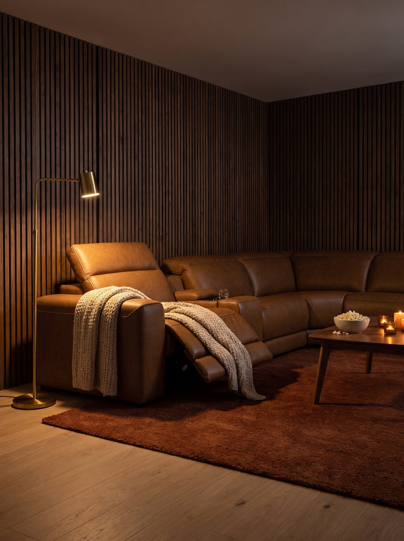 Caramel leather power reclining sectional with chaise and plush back cushions