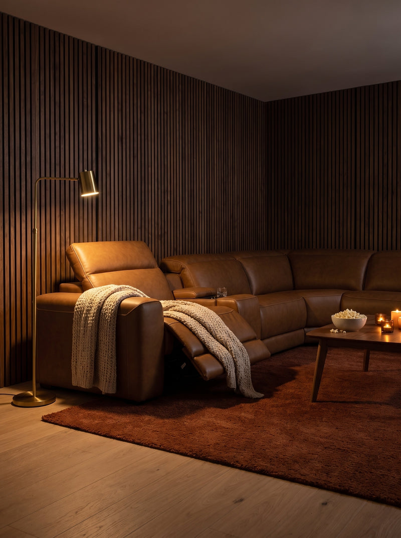 Caramel leather power reclining sectional with chaise and plush back cushions