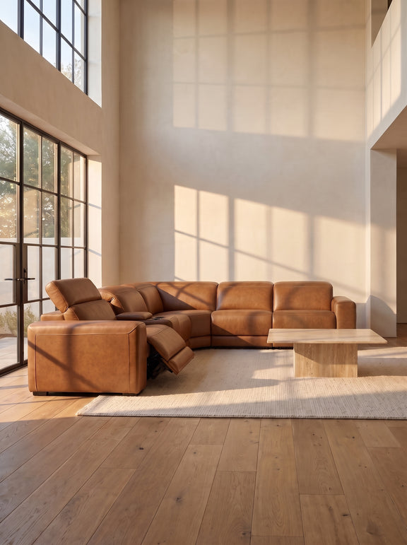 Caramel leather power reclining sectional with chaise and multiple reclined seats
