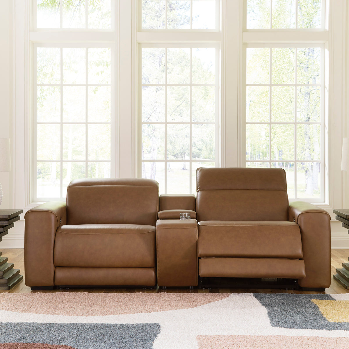 Caramel leather power reclining sectional with two end recliners and central seating