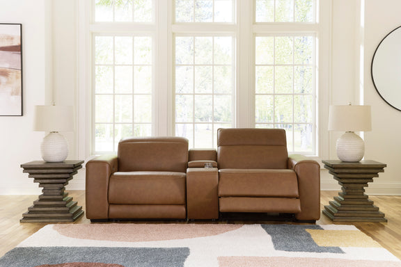 Caramel leather power reclining sectional with two end recliners and central seating