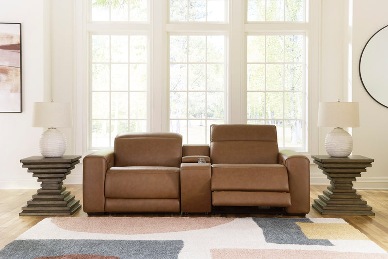 Caramel leather power reclining sectional with two end recliners and central seating