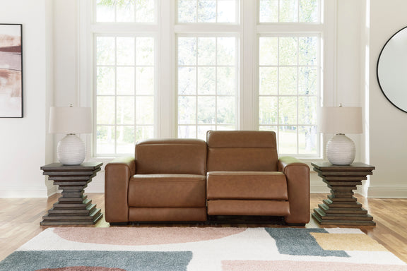 Caramel leather power reclining sectional with two reclining seats and wide armrests