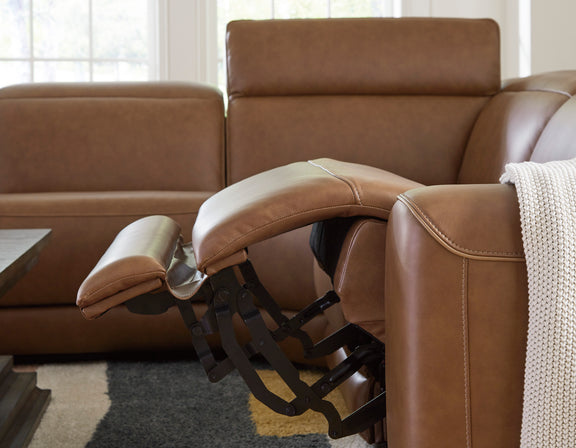 Caramel leather power reclining sectional with open recline mechanism and padded arms