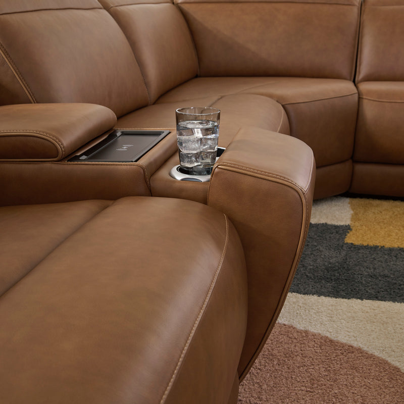 Caramel leather power reclining sofa with padded console tray and cup holder