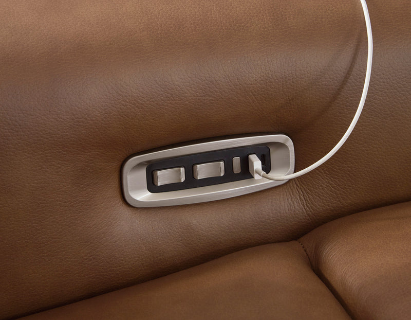 Caramel leather power recliner control panel with buttons on the arm