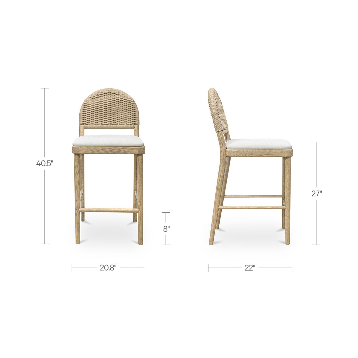 Natural wood counter stool with woven beige back; padded seat (40.5 in tall)