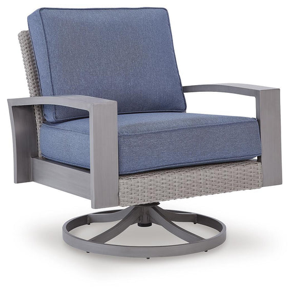Blue upholstered swivel lounge chair with gray armrests, woven lower panel, round base