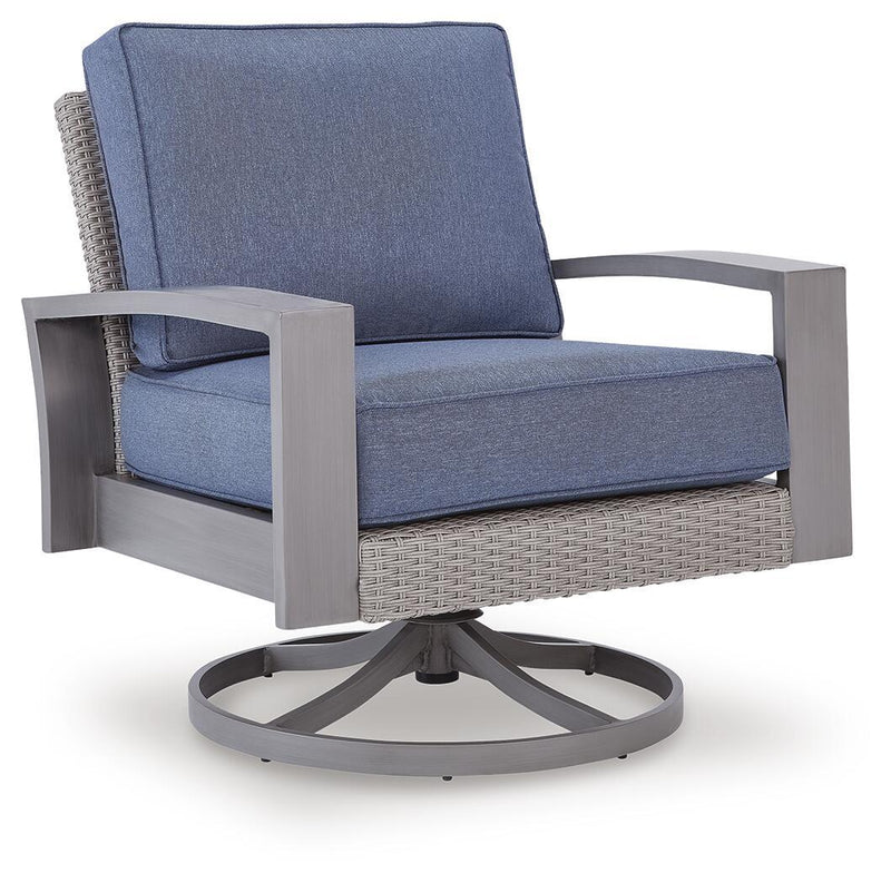 Blue upholstered swivel lounge chair with gray armrests, woven lower panel, round base