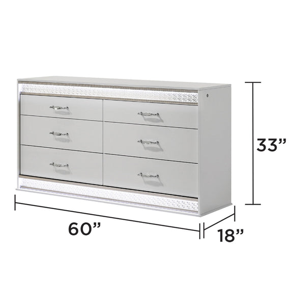 White 6-drawer dresser with textured trim and silver drawer pulls, side view with size