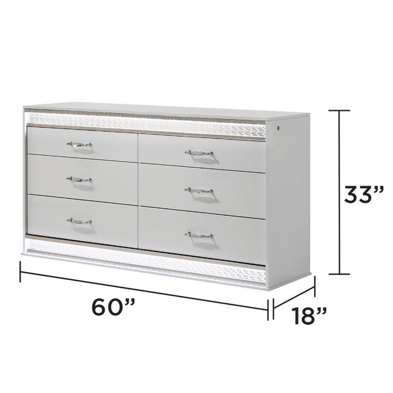 White 6-drawer dresser with textured trim and silver drawer pulls, side view with size