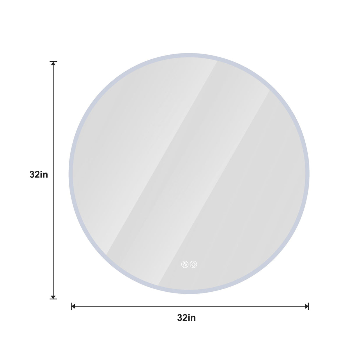 Round LED bathroom mirror dimensions: 32 in diameter, silver frame, anti-fog glass