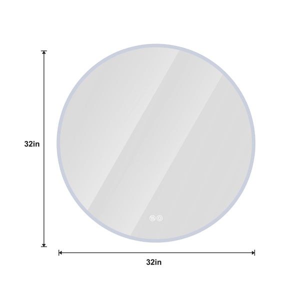 Round LED bathroom mirror dimensions: 32 in diameter, silver frame, anti-fog glass