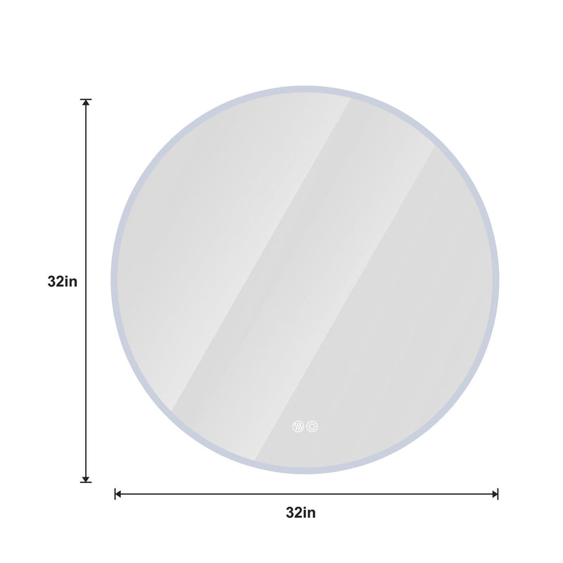 Round LED bathroom mirror dimensions: 32 in diameter, silver frame, anti-fog glass
