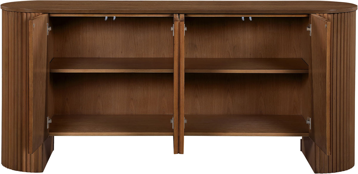 Warm brown sideboard buffet open with two interior shelves and hinged doors