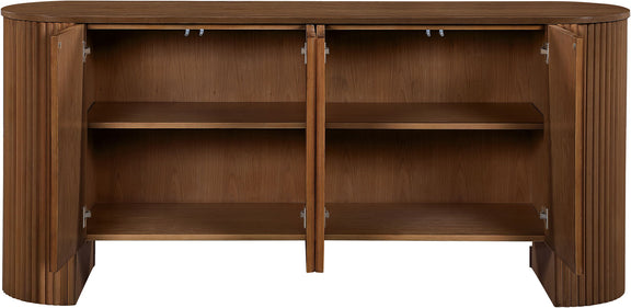 Warm brown sideboard buffet open with two interior shelves and hinged doors