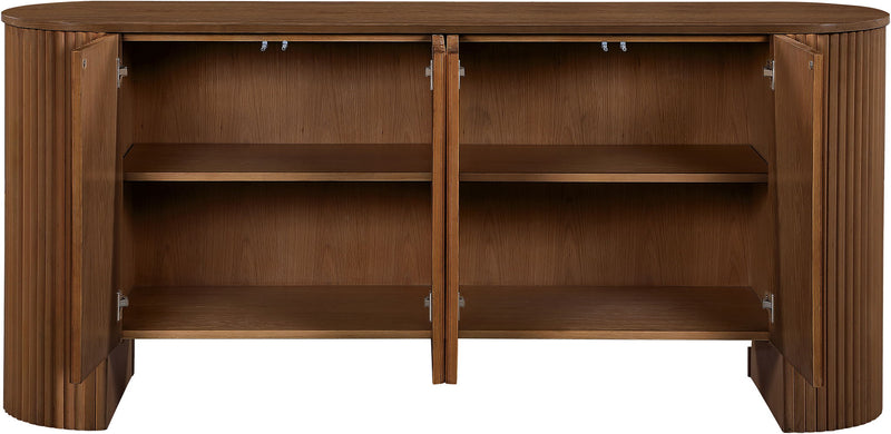 Warm brown sideboard buffet open with two interior shelves and hinged doors