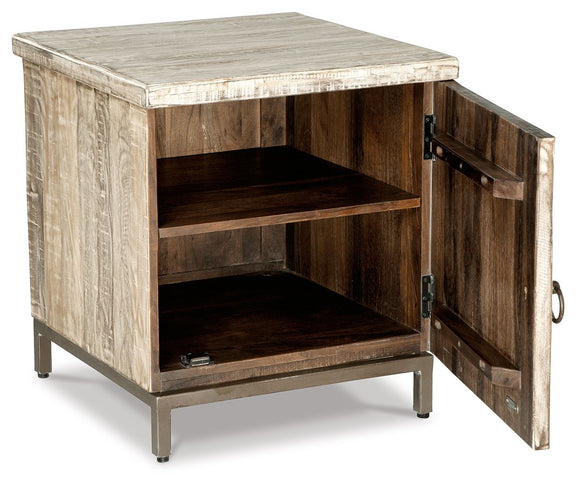 Whitewashed accent cabinet with open shelf interior and hinged side door