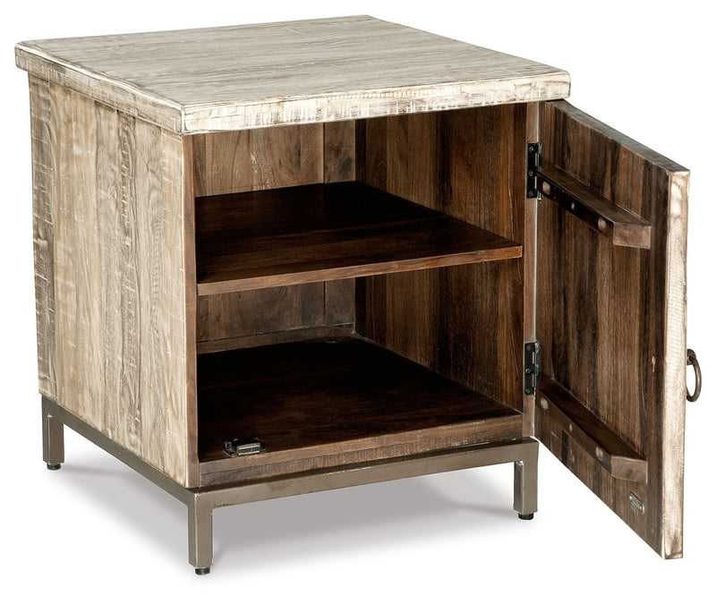 Whitewashed accent cabinet with open shelf interior and hinged side door