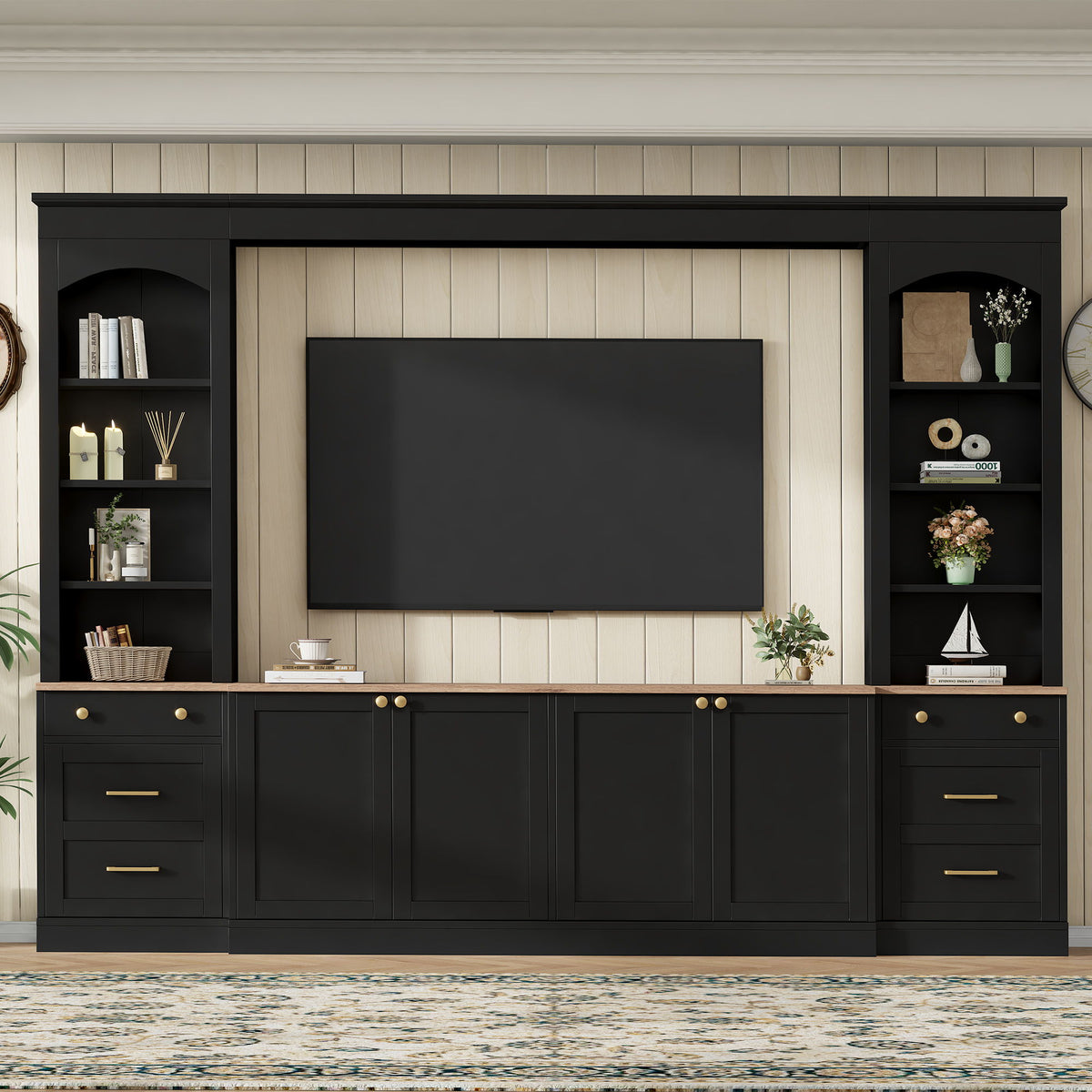 Arched Entertainment Center Wall Unit With Bookshelf, Retro Large TV Stand