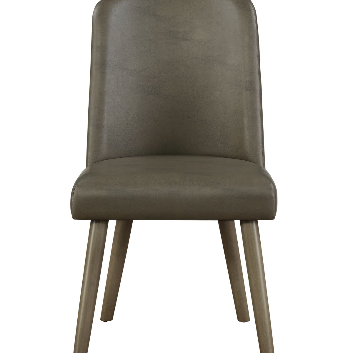 Gray synthetic leather side chair with padded rounded back and tapered wooden legs