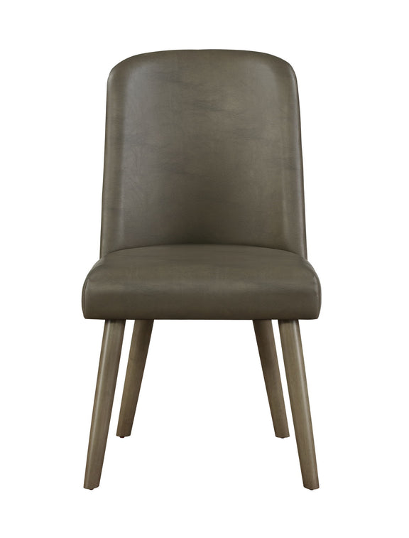 Gray synthetic leather side chair with padded rounded back and tapered wooden legs