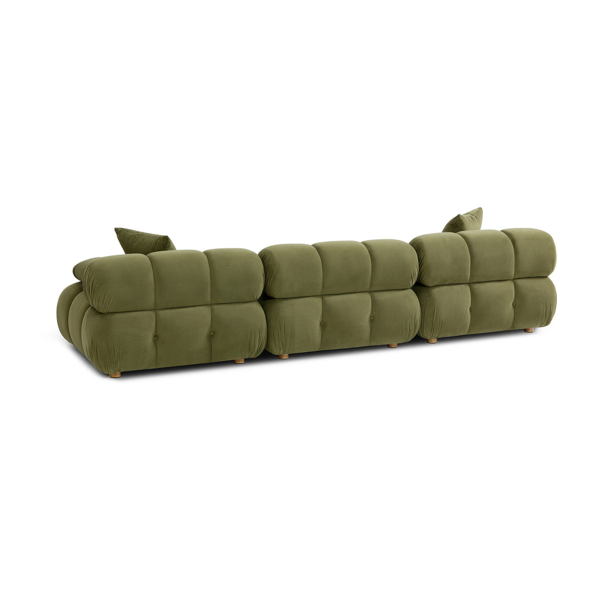 Olive green modular sofa sectional with low arms, tufted seat sections, and back cushions