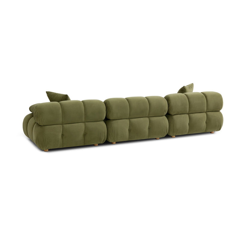 Olive green modular sofa sectional with low arms, tufted seat sections, and back cushions