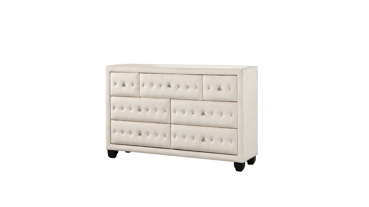 Beige 7-drawer upholstered dresser with button-tufted panels and black legs
