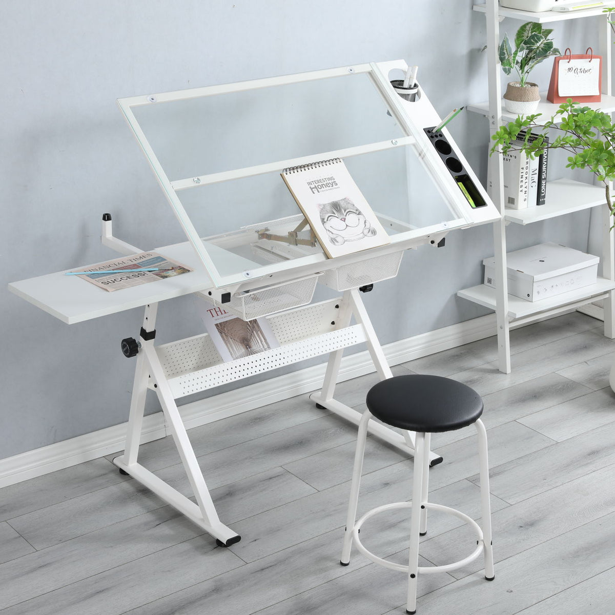 Adjustable Tempered Glass Drafting Printing Table With Chair