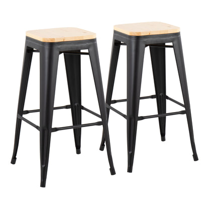 Black barstools with light wood square seats, sturdy angled legs (set of 2).