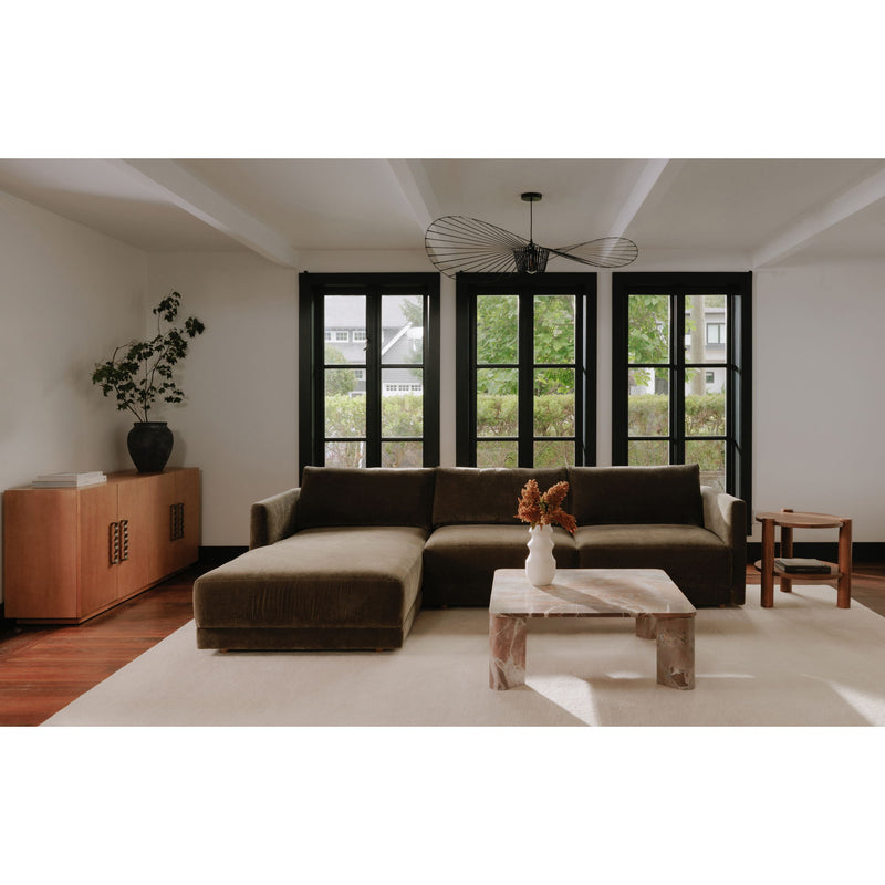 Cedar green sectional sofa with left chaise, boxy back and upholstered legs