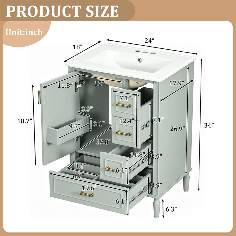 Modern Bathroom Vanity With Sink, Soft Close Doors, 3 Drawers