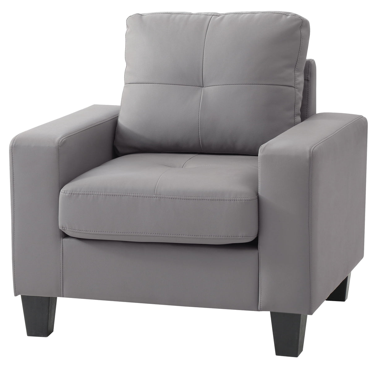 Light gray upholstered accent chair with high back, rounded arms, and stitched seat