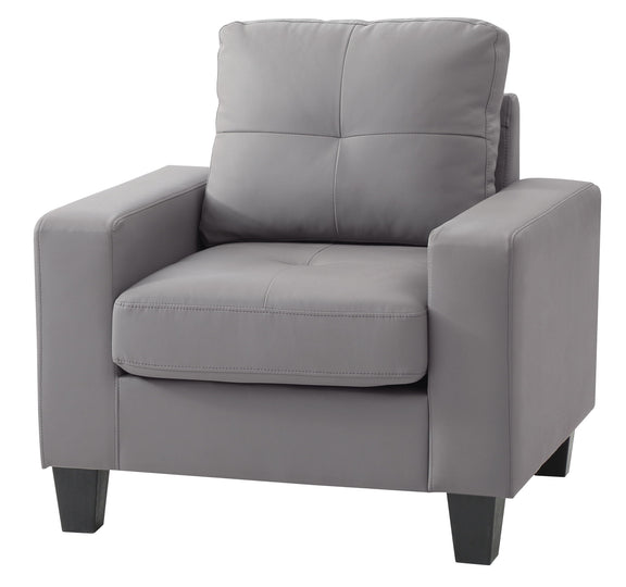 Light gray upholstered accent chair with high back, rounded arms, and stitched seat