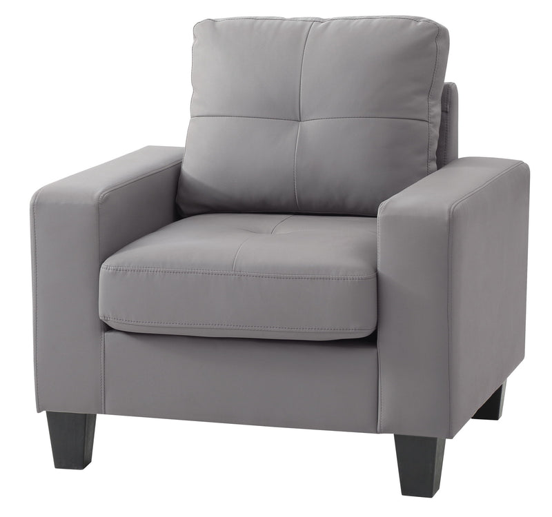 Light gray upholstered accent chair with high back, rounded arms, and stitched seat