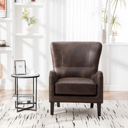 28'W PU High Back Accent Chair, Upholstered Armchair for Living Room, Retro Wingback Arm Chair, Single Sofa Bedroom Reading Seat with Solid Wood Legs, Brown, Mid-Century Modern