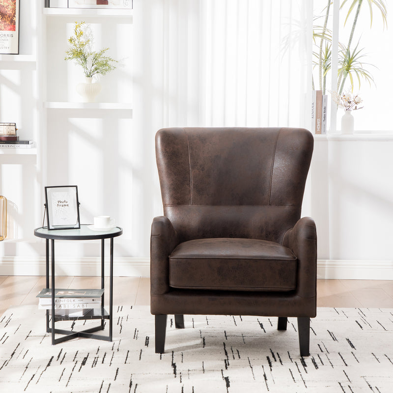 28'W PU High Back Accent Chair, Upholstered Armchair for Living Room, Retro Wingback Arm Chair, Single Sofa Bedroom Reading Seat with Solid Wood Legs, Brown, Mid-Century Modern