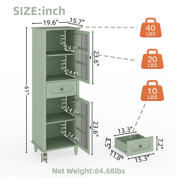 Pale green curio cabinet with open doors and removable drawer, showing dimensions and shelf capacities